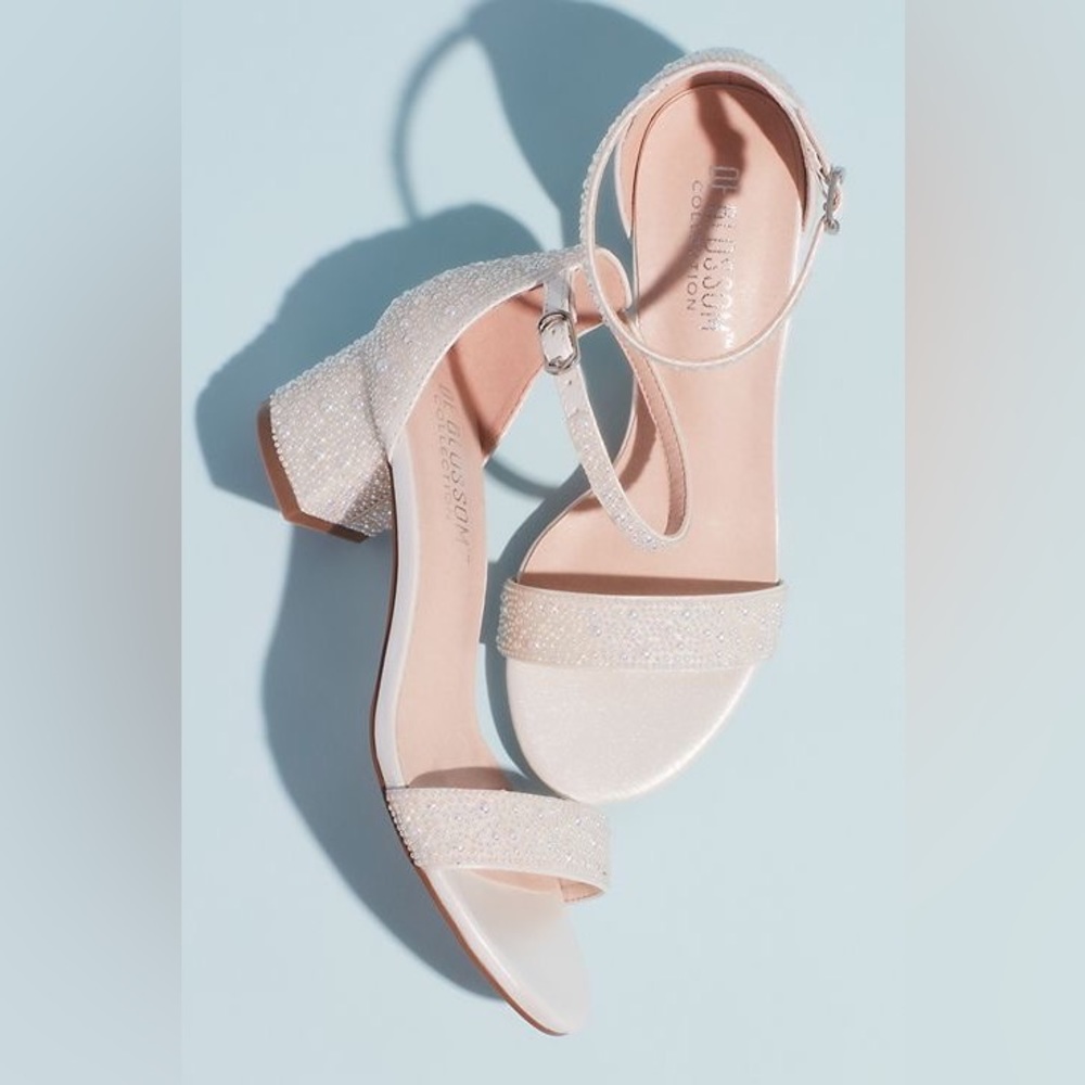 David’s Bridal allover iridescent pearl low block heel sandals